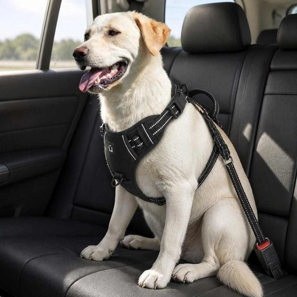 Labrador portant le harnais rembourré Copilote, attaché sur la banquette arrière