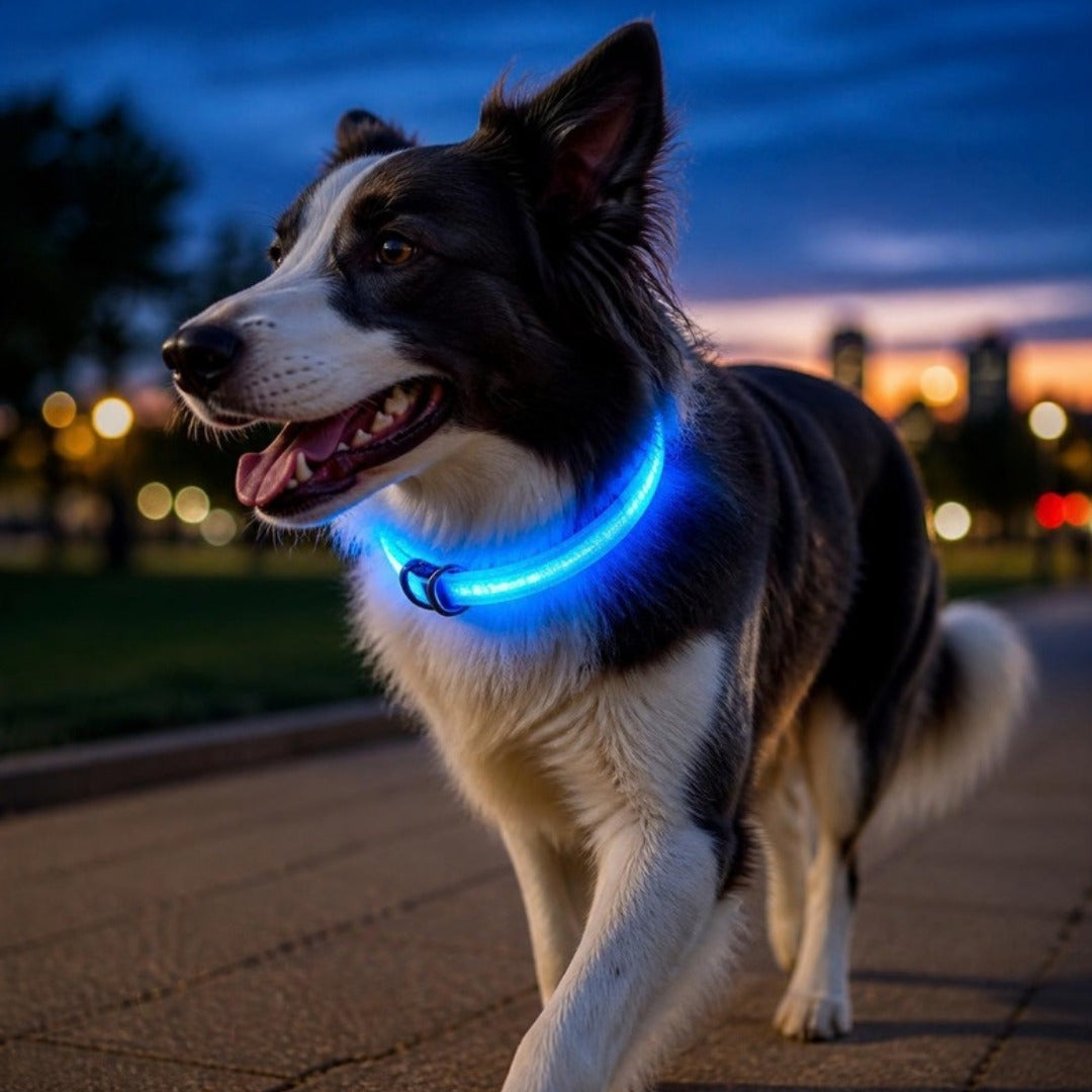 Border collie portant le collier lumineux LED Copilote allumé en bleu, balade du soir
