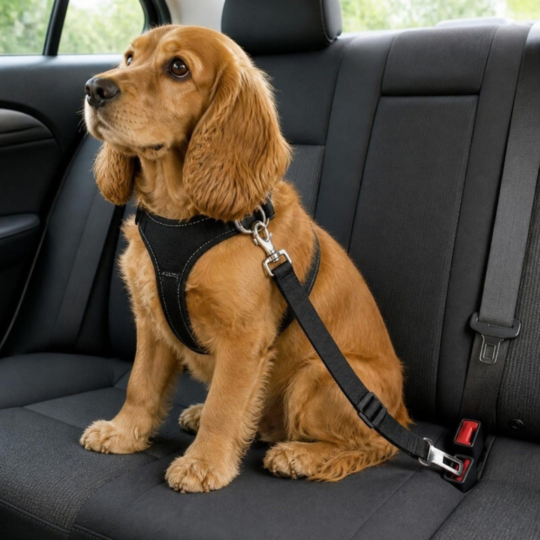 Cocker attaché avec la ceinture de sécurité réglable pour chien sur la banquette arrière