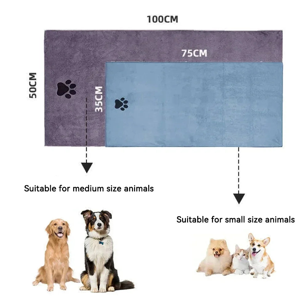 Tailles de la serviette microfibre pour chien 35x75 et 50x100 cm