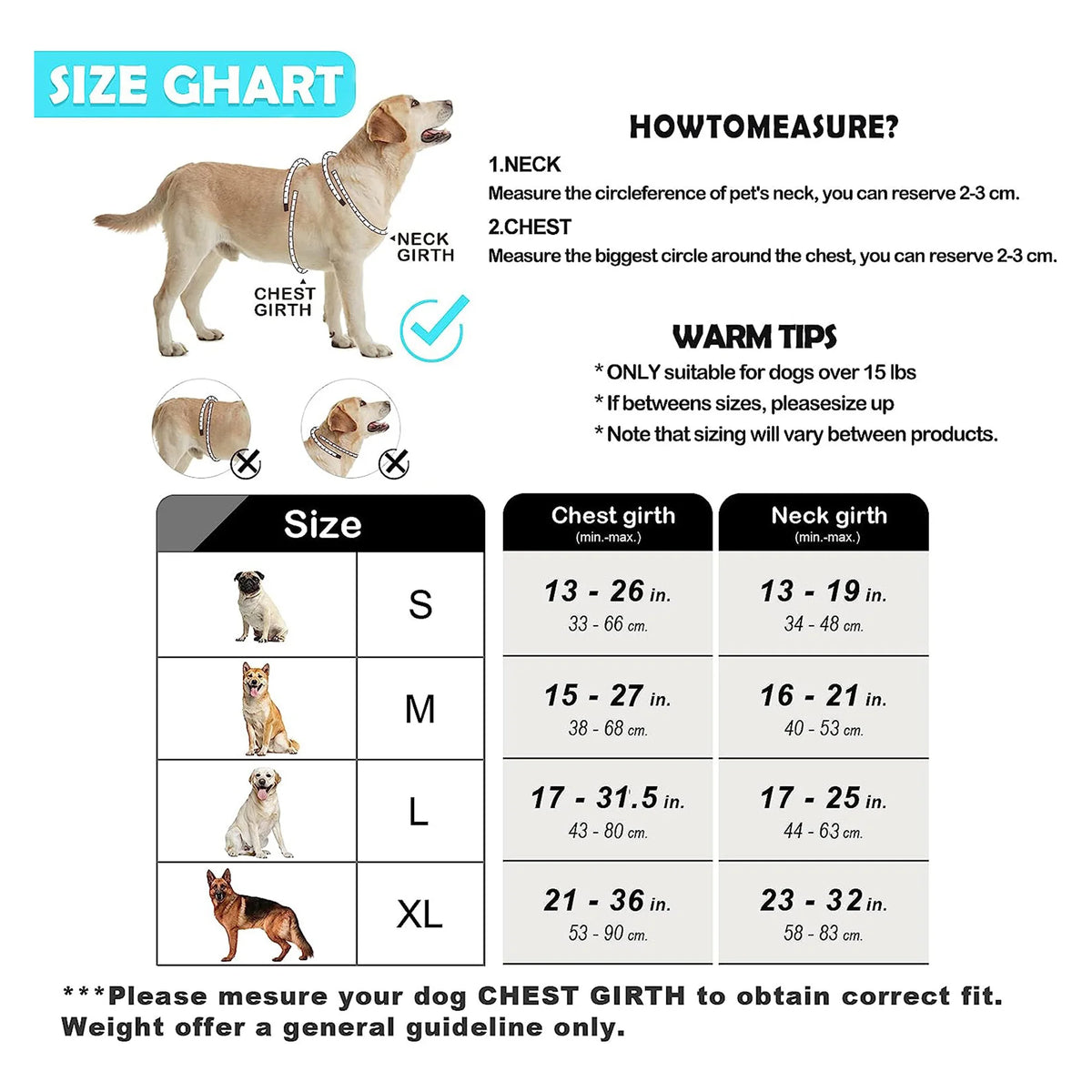 Guide des tailles du harnais rembourré pour chien S M L XL